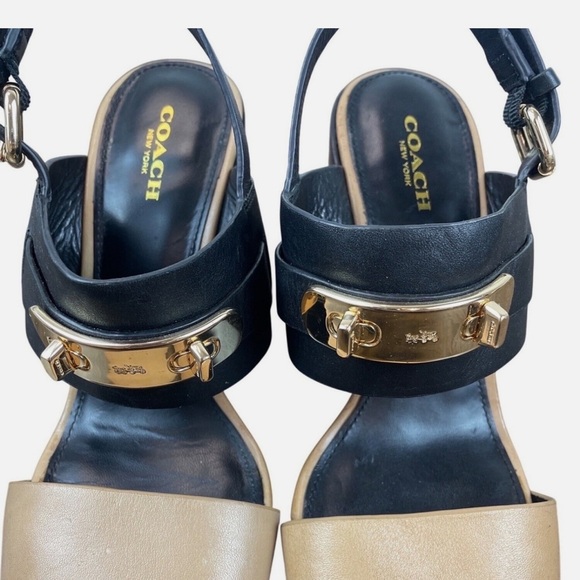 COACH Black and Tan Women's Leather Gold Block Heel Sandals Size 6.5B - Picture 7 of 13